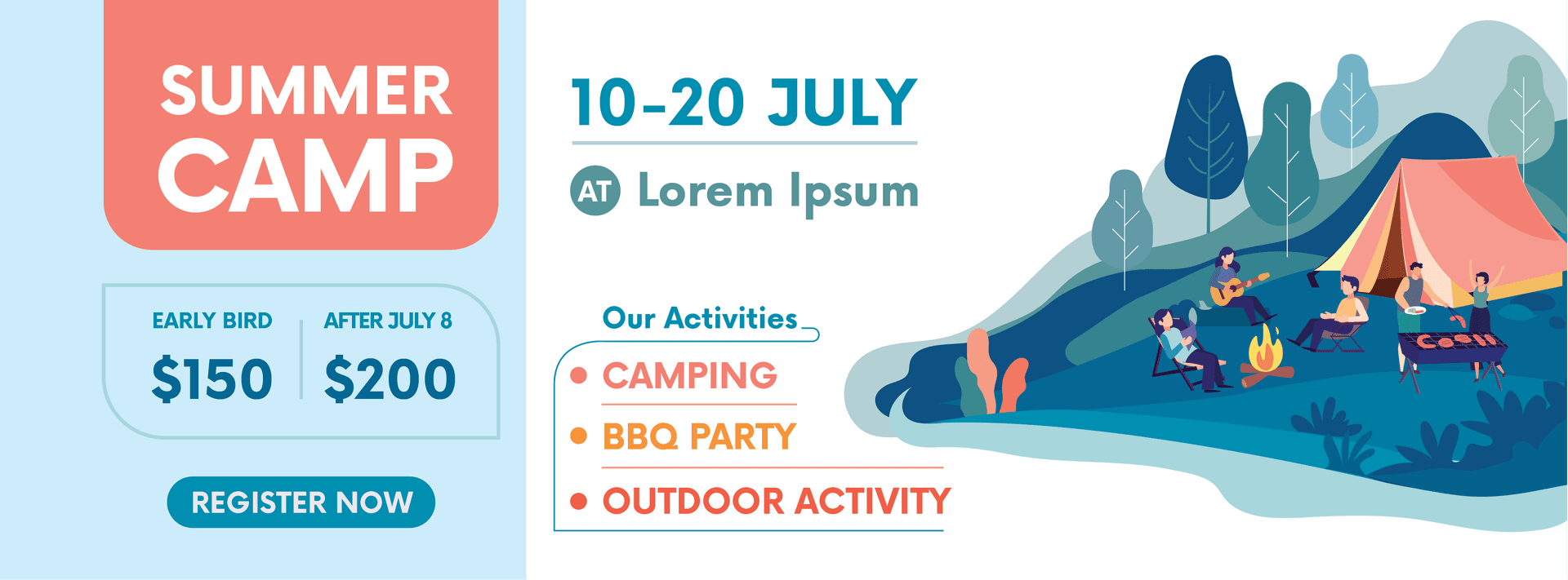 customizable flat template illustration for summer camp promotion banner