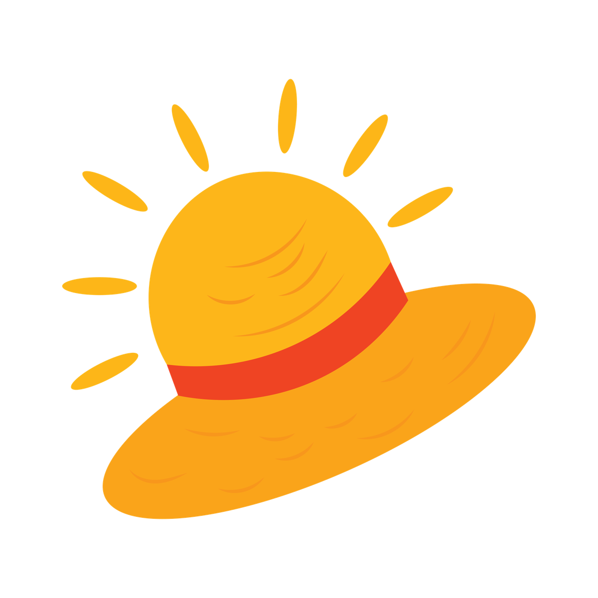 colorful flat stylized illustration of a straw hat with red band and sun rays
