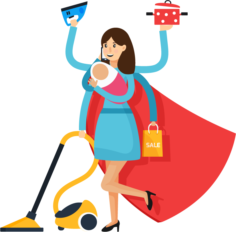 superheroes orthogonal flat people showcasing multitasking mom with cleaning tools and baby