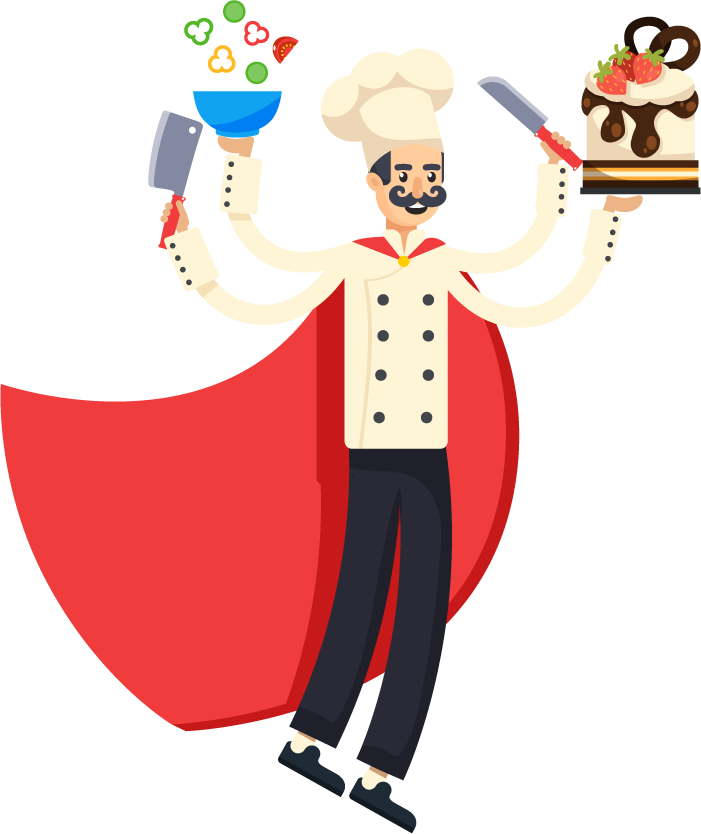 superheroes orthogonal flat people chef with superpowers preparing delicious treats