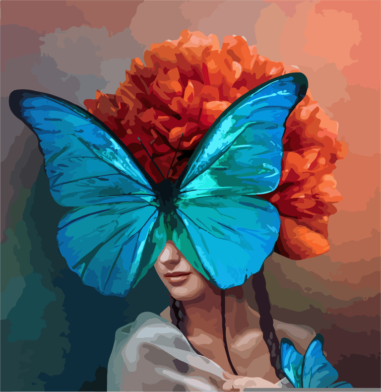 surreal portrait woman butterflies peony flower
