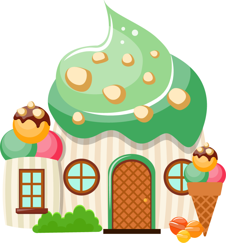 sweets landscape banners set featuring whimsical dessert-themed cottages and vibrant ice cream motifs