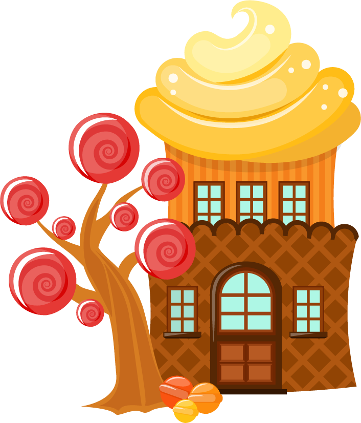 sweets landscape banners set with whimsical ice cream cottage and candy tree