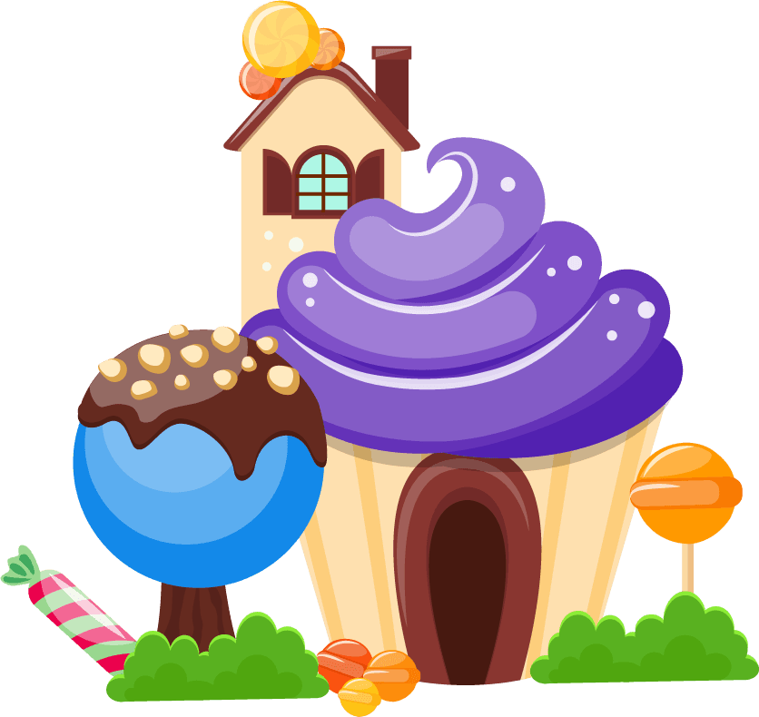 sweets landscape banners set featuring colorful cupcake houses and candy decorations