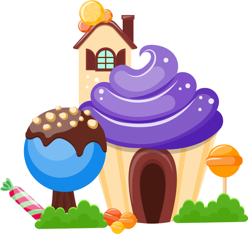 sweets landscape banners set featuring colorful cupcake houses and candy decorations