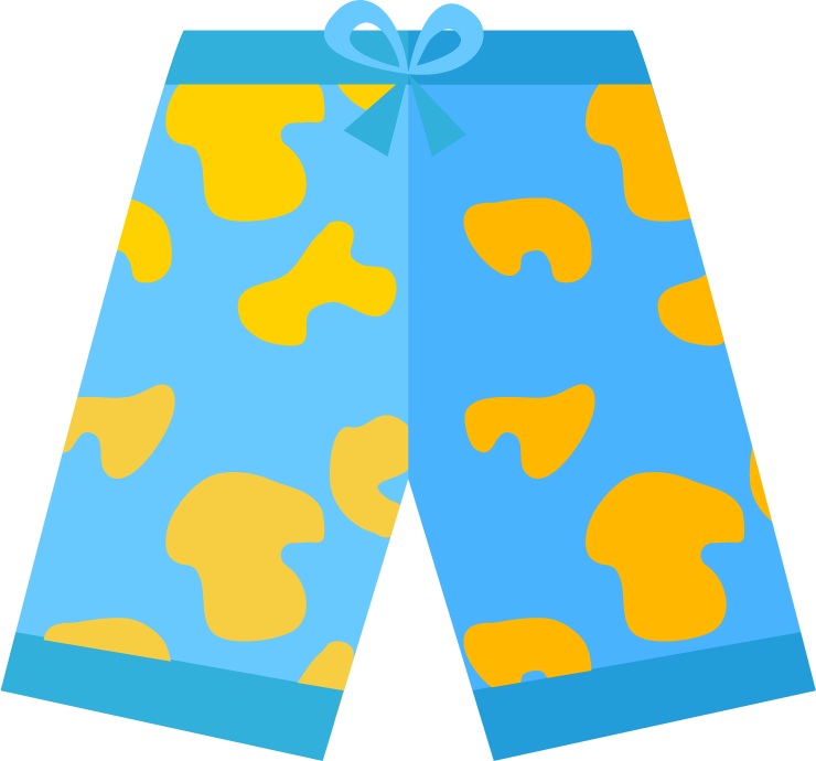 flat summer swimwear illustration featuring colorful patterned swim trunks for beach activities