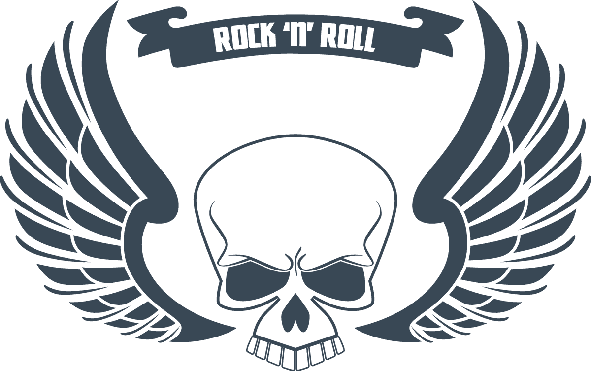 simple rock music tattoo design featuring a skull with wings and a vintage banner