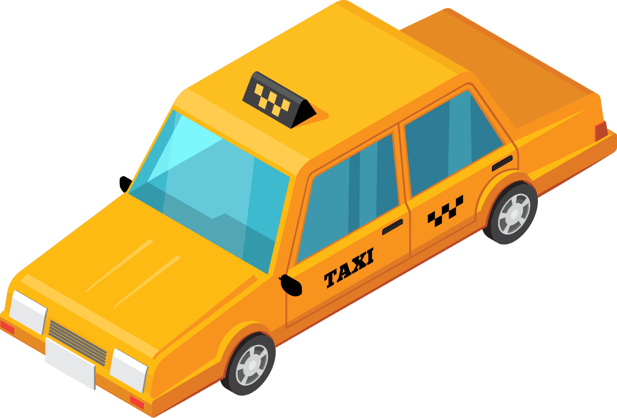 taxi service isometric isolated icons featuring a bright yellow cab for urban transport