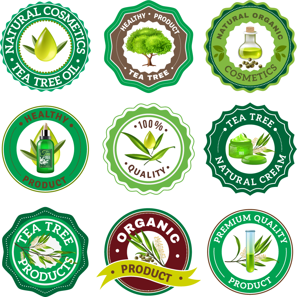 tea tree emblem set icons for organic skincare products and natural cosmetics