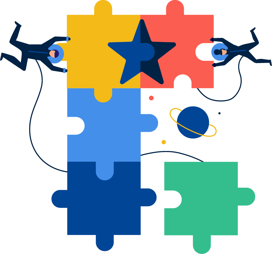 simple flat teamwork illustration incorporating colorful puzzle pieces and collaborative effort