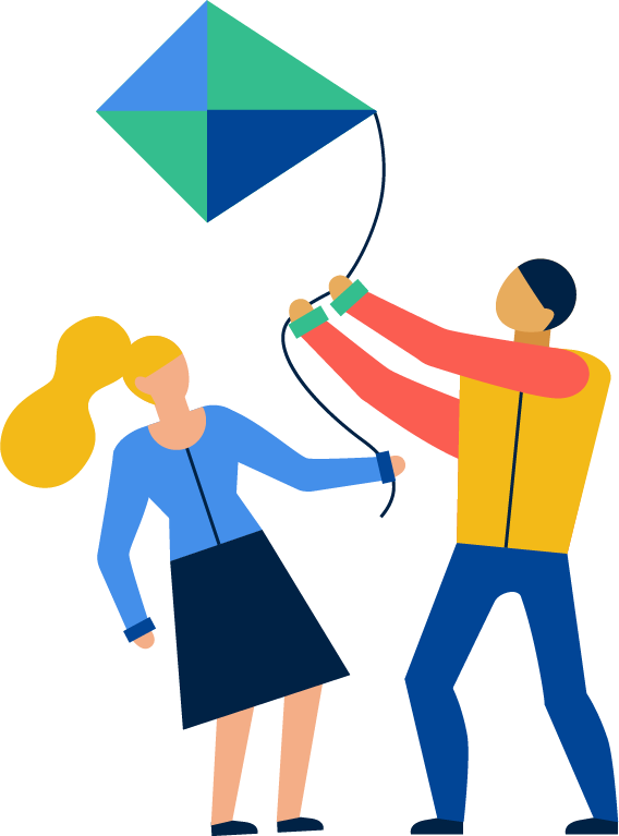 simple flat teamwork illustration featuring two people flying a kite together outdoors