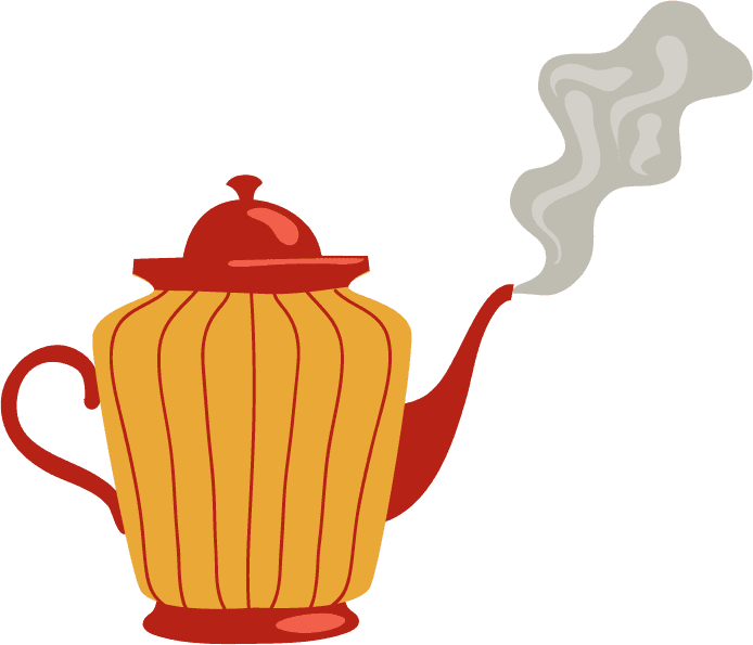 teapots cups flat icon featuring a whimsical teapot with steam for cozy settings