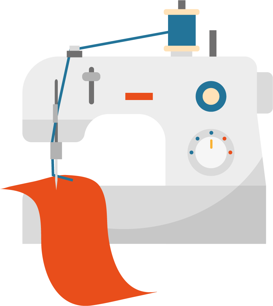flat textile and garment items featuring a sewing machine with vibrant fabric for crafting enthusiasts