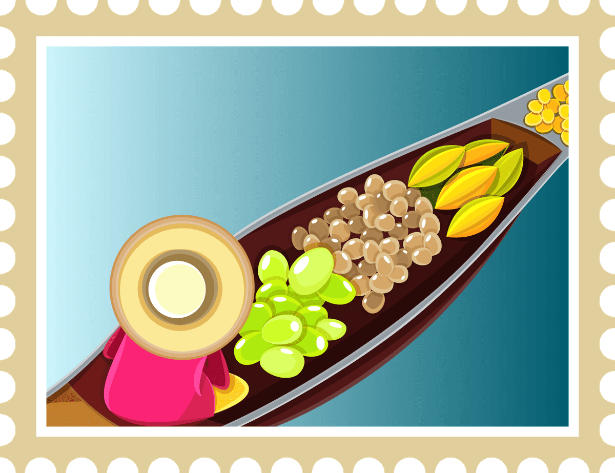 simple thailand postcard poster featuring a colorful floating market scene with fresh fruits