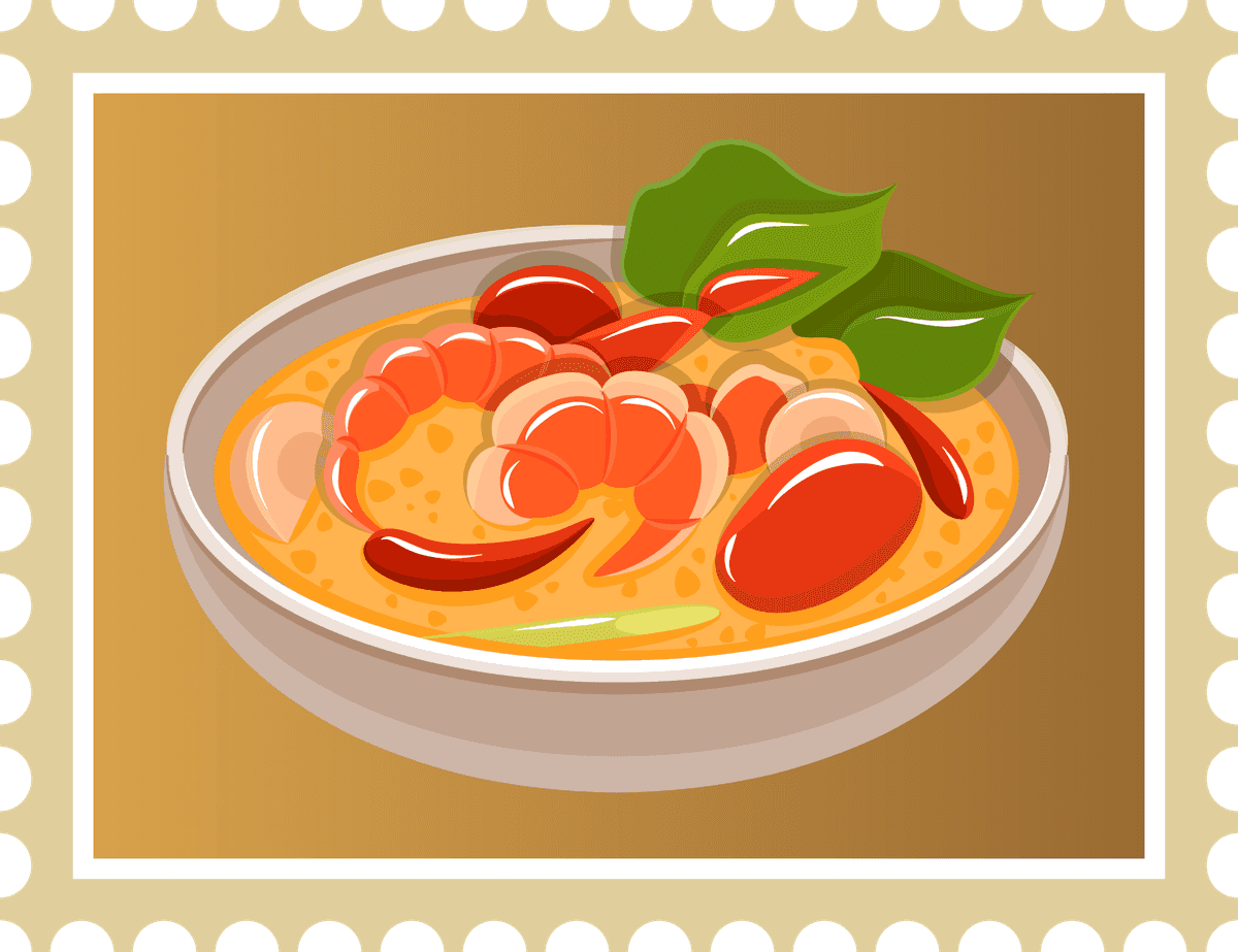 simple thailand postcard poster featuring a vibrant shrimp dish with fresh herbs and spices
