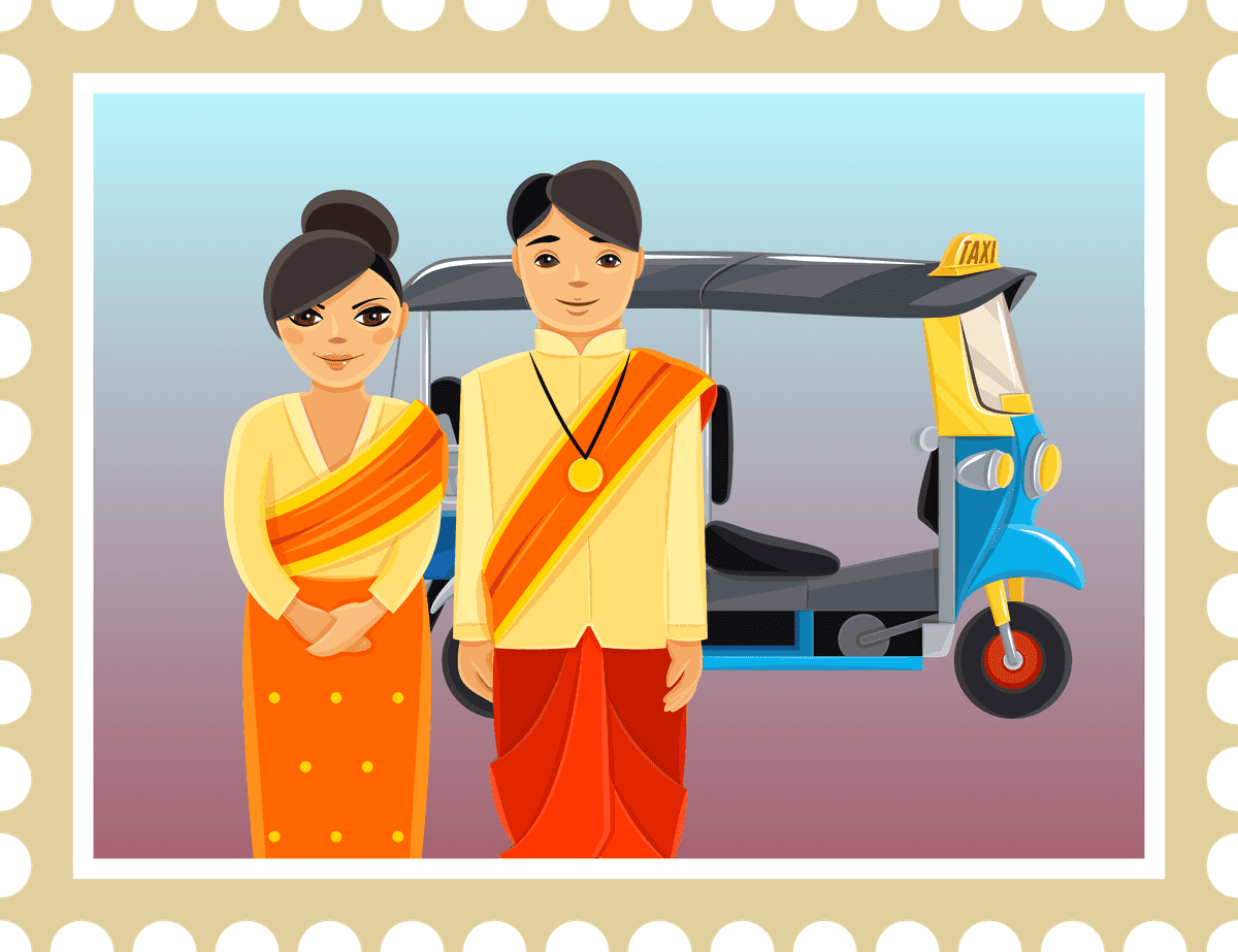 simple thailand postcard poster featuring traditional couple with tuk-tuk for travel lovers