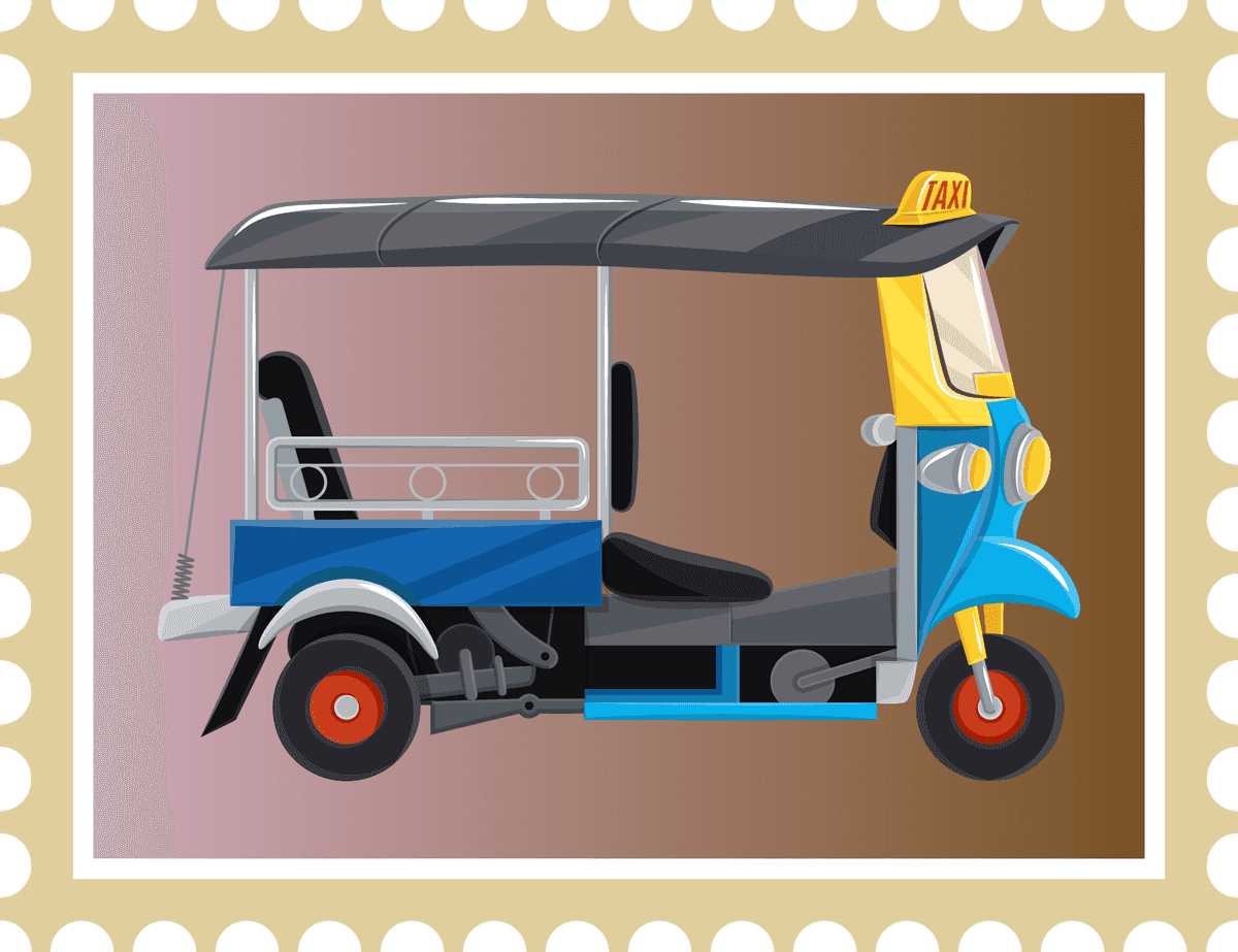 simple thailand postcard poster featuring a colorful tuk-tuk taxi illustration perfect for travel lovers