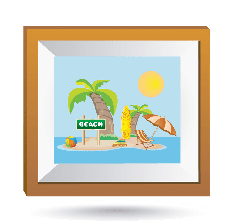 the exquisite icons vector of a tropical beach scene with sun, surfboard, and palm trees