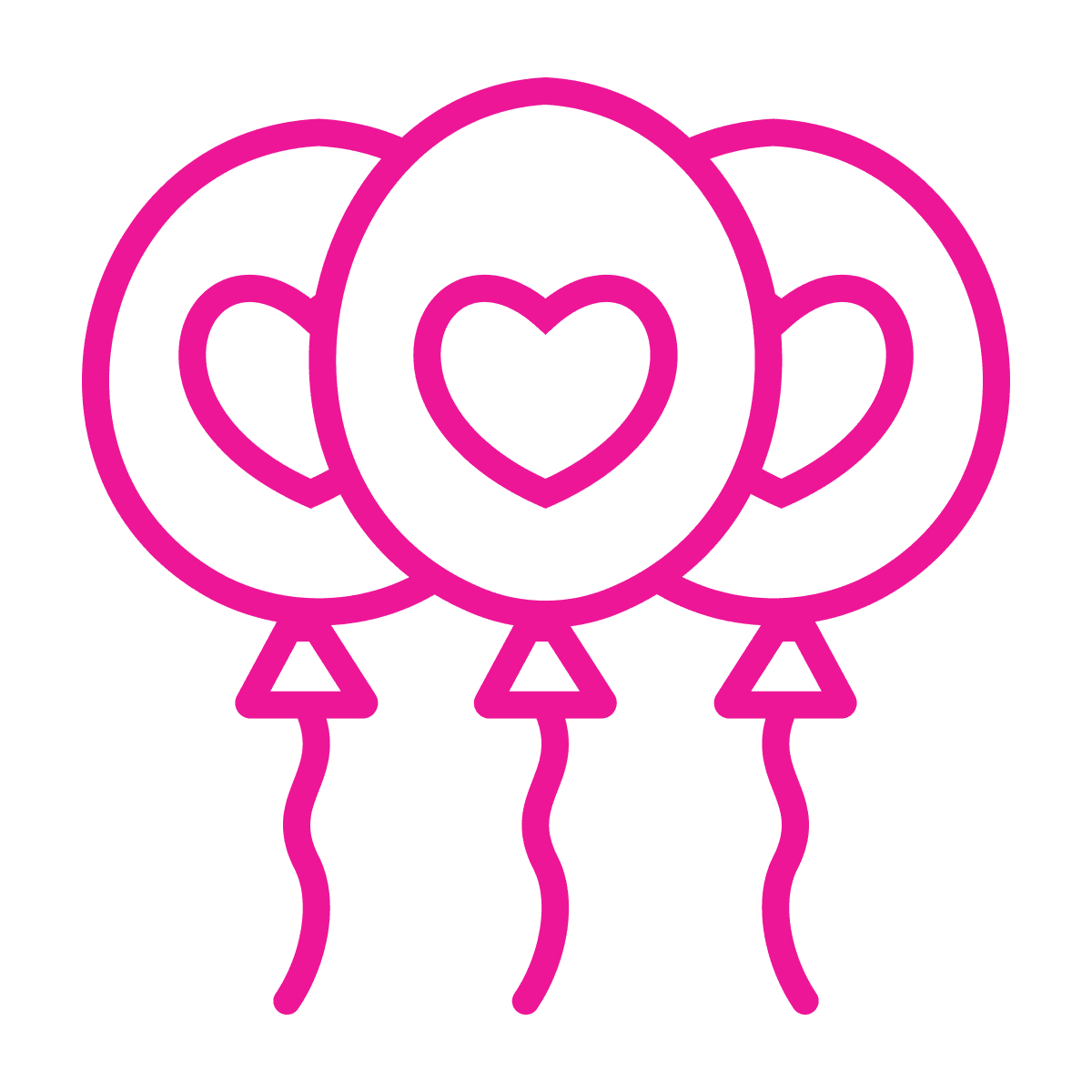 simple flat line icon of three pink balloons with heart shapes for party celebrations