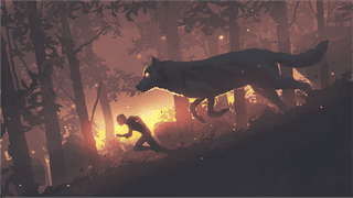illustrationman-running-forest-his-legendary-wolf-476828