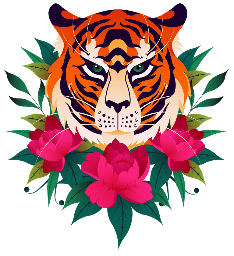 tiger animals icons head sketch flowers decor