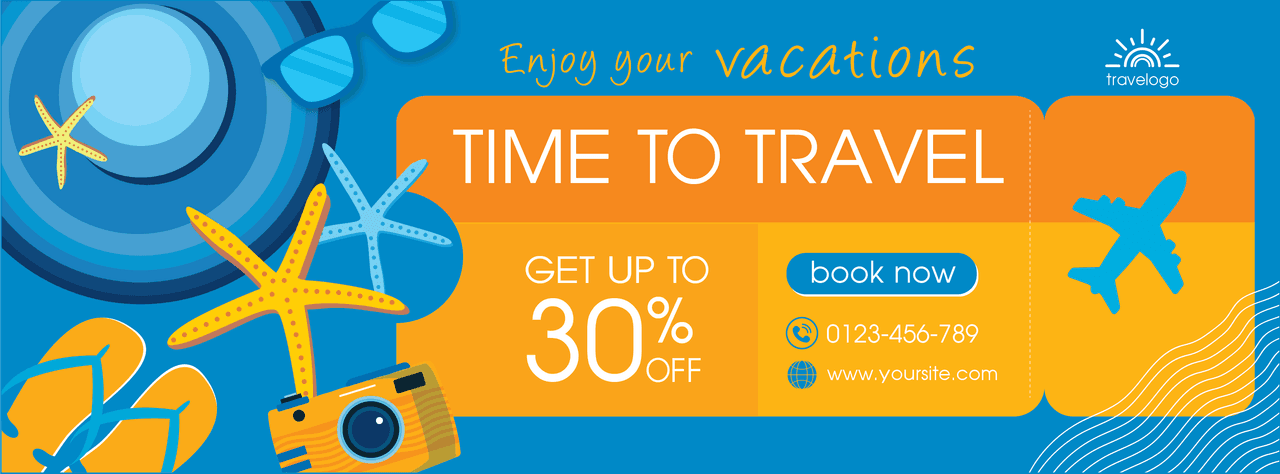 flat template for vacation and travel promotion with beach accessories
