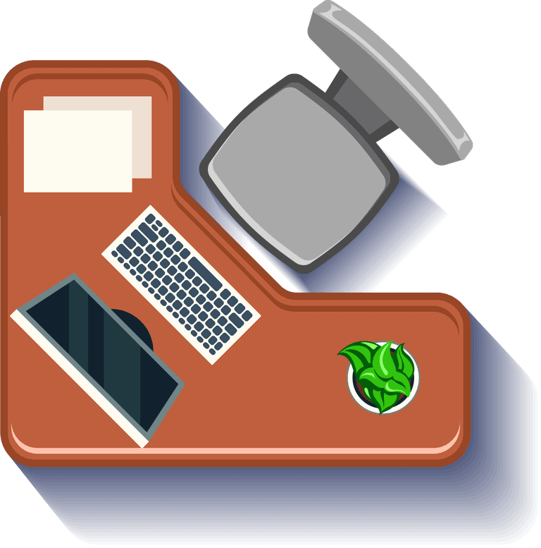 top view interior flat icons showcasing an ergonomic office desk setup with gadgets