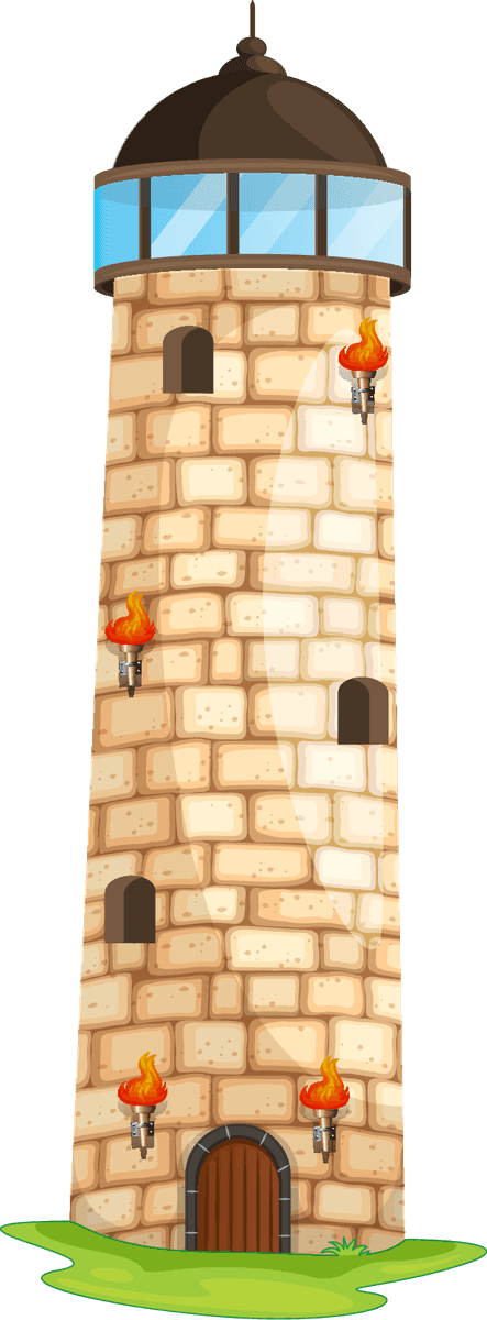 tower set medieval character with detailed stone texture and vibrant torch lighting