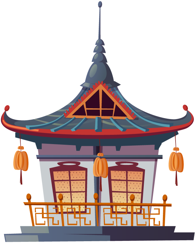 traditional chinese house building cartoon with vibrant colors and playful style for educational use