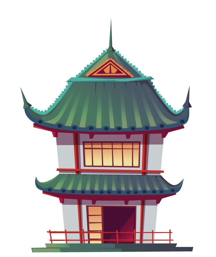 traditional chinese house building cartoon with vibrant colors and unique architectural features