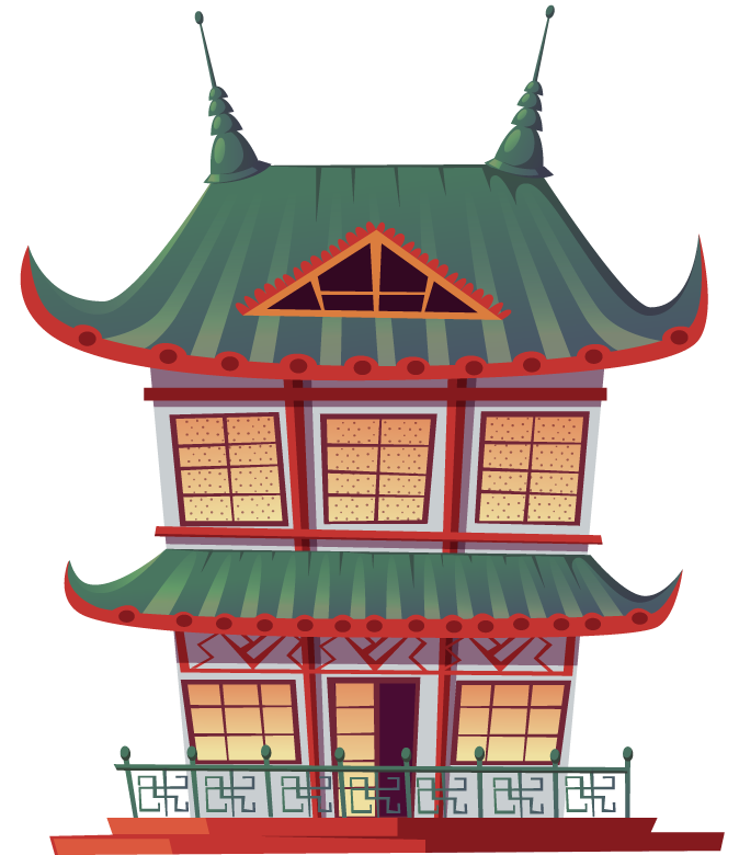 traditional chinese house building cartoon with vibrant colors and intricate roof details