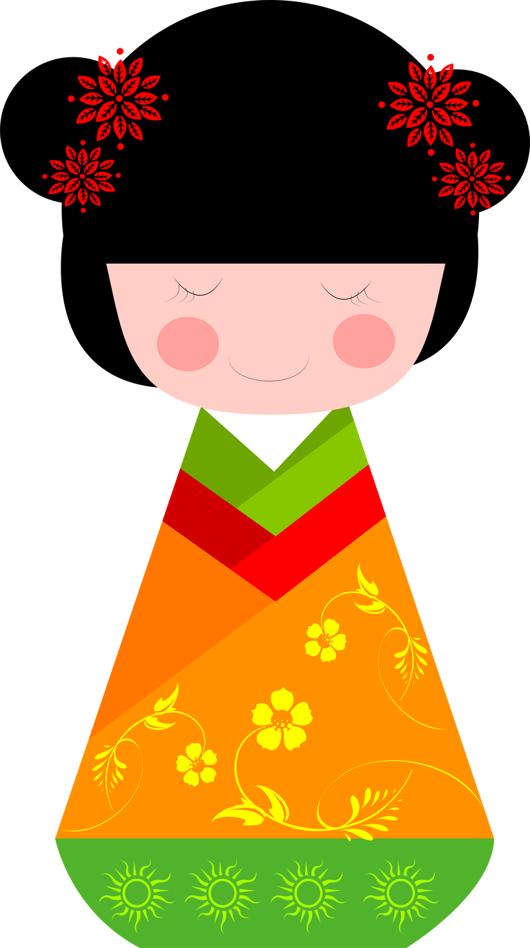 cute traditional japanese dolls in colorful attire with floral patterns and cheerful expressions