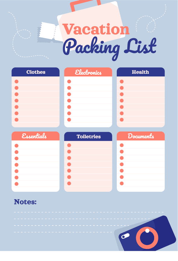 simple travel journal template for organizing your packing list and essentials for trips