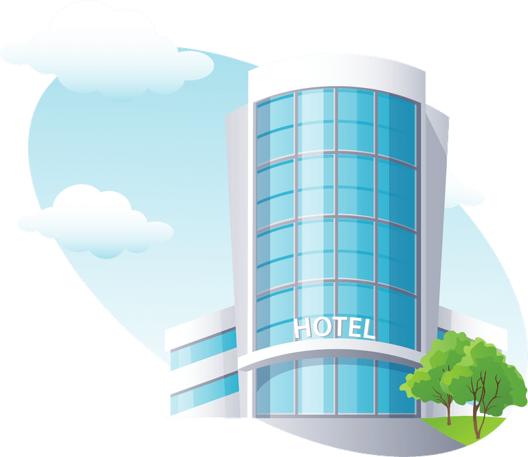 travel theme icon vector featuring a modern hotel with large glass windows and lush surroundings