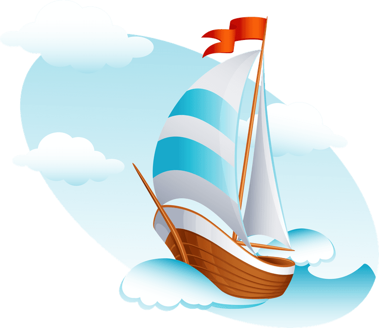 travel theme icon vector sailing boat in clouds with blue and white stripes for adventurous journeys