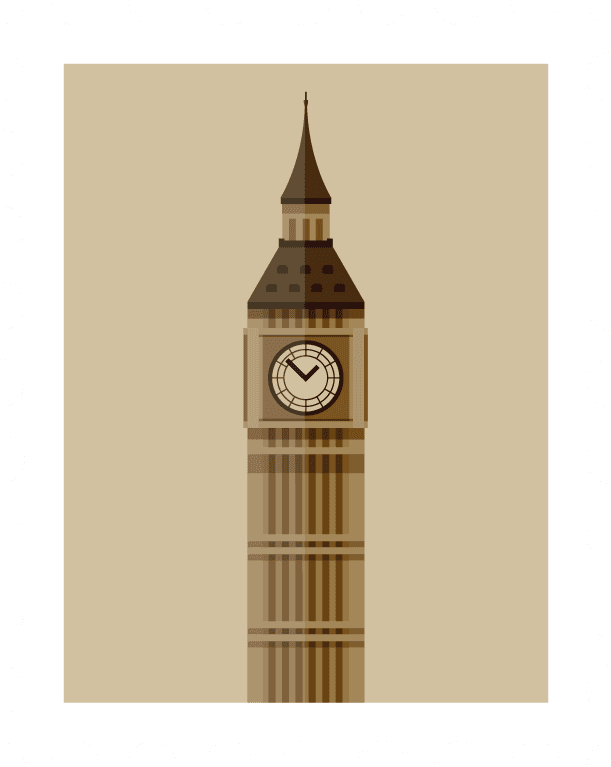 travel with stamp illustration featuring iconic clock tower in minimalist style