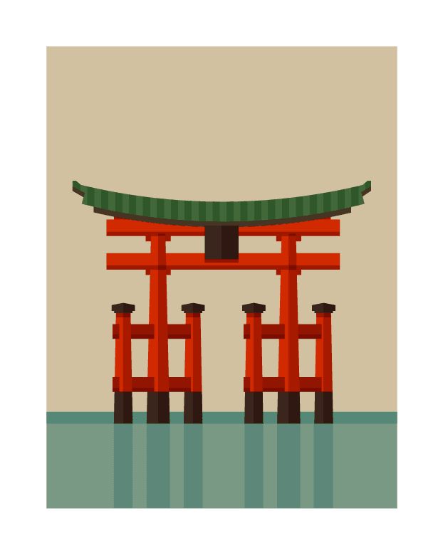 travel with stamp illustration featuring a traditional torii gate in minimalist style