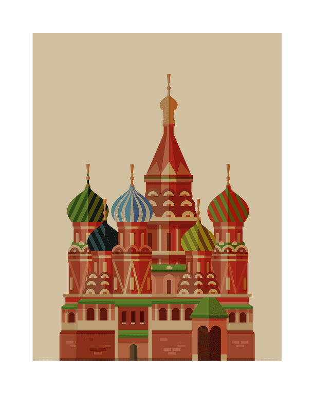 travel with stamp illustration featuring a colorful architectural landmark from russia