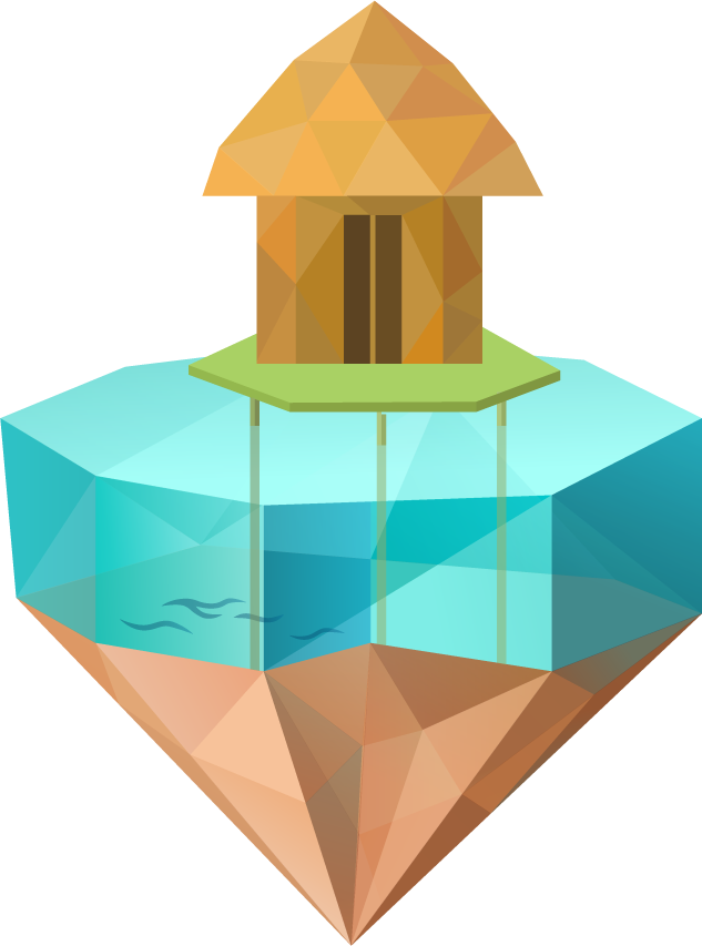 tropical island symbols polygonal icons featuring a floating hut and serene waters