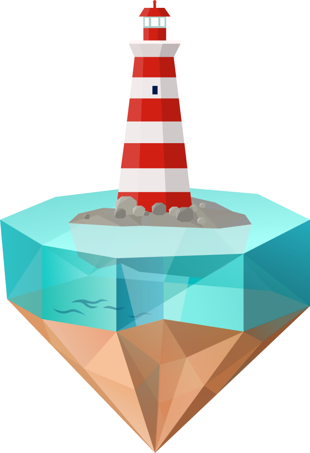 tropical island symbols polygonal icons featuring a vibrant lighthouse and ocean scenery