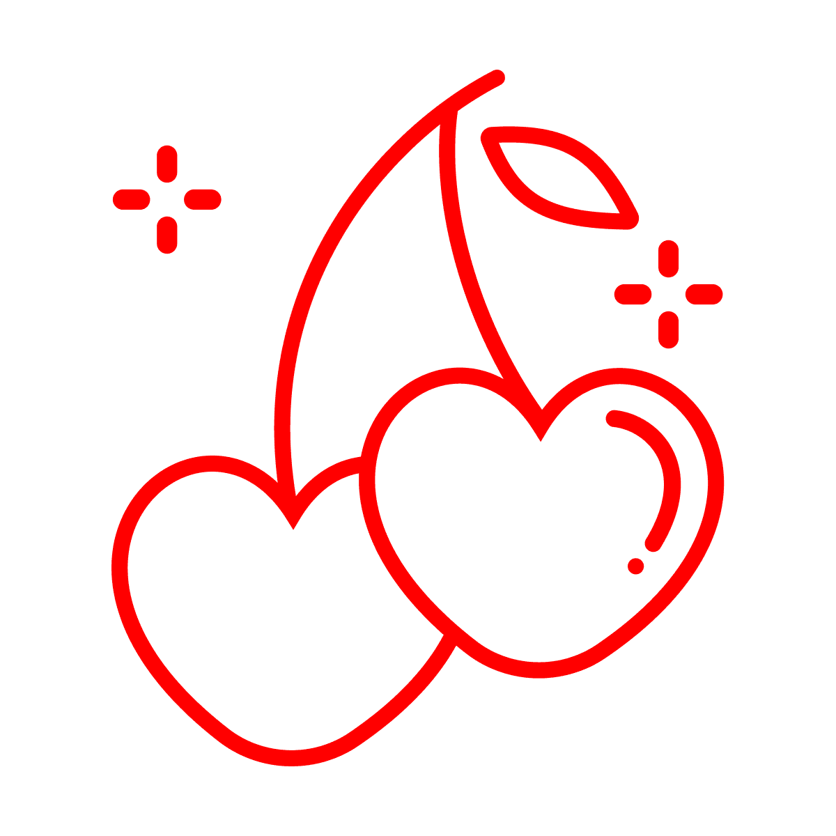 stylized red cherries outline icon with sparkle elements