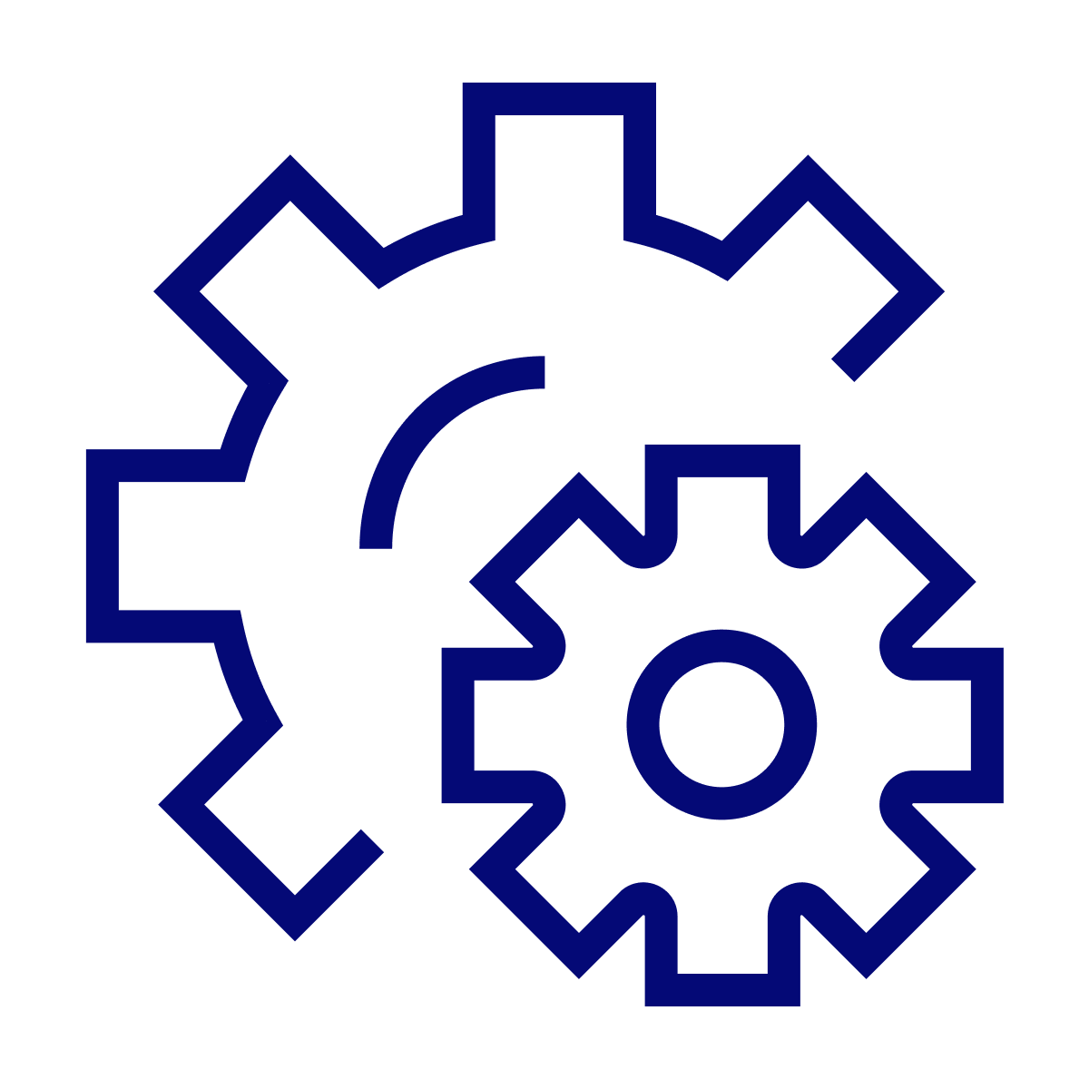 outline icon featuring a large and small interlocking mechanical gear for system and process settings