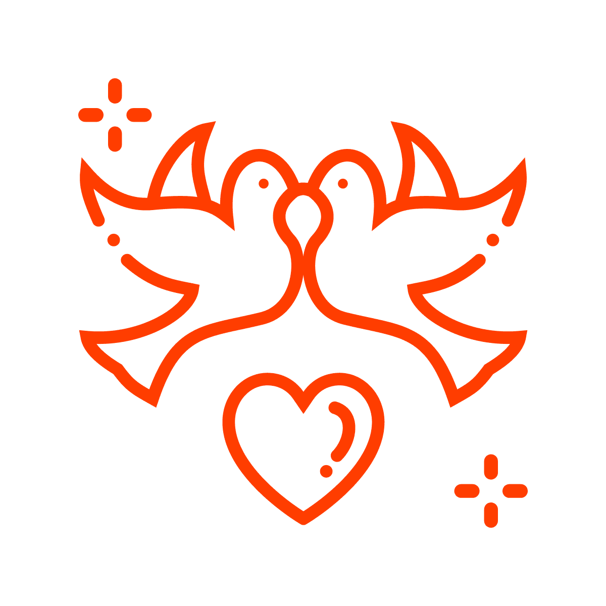 stylized orange doves and heart outline icon with sparkle elements