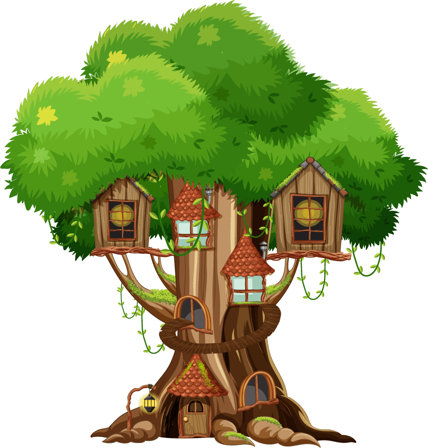 two treehouses with rope bridge