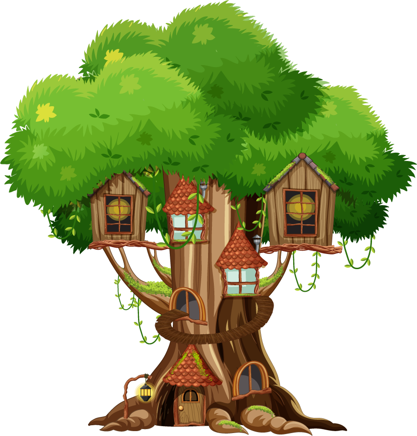 two treehouses with rope bridge nestled in a giant, lush tree for imaginative play