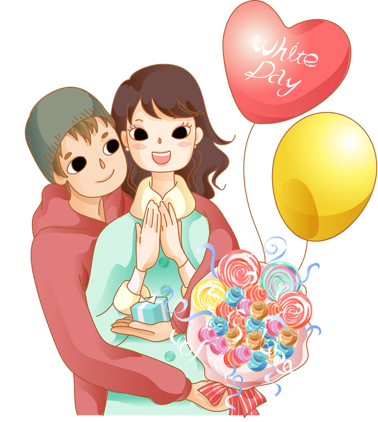 valentine cartoon couple vector celebrating white day with gifts and balloons