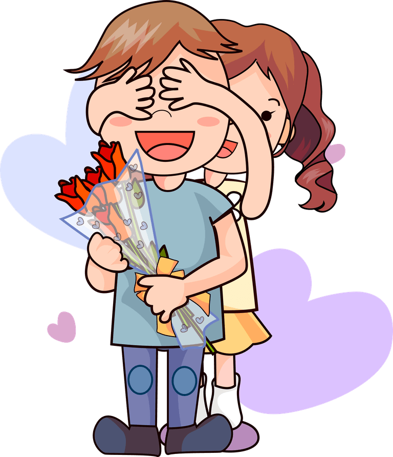 valentine cartoon couple vector holding flowers in a playful romantic scene