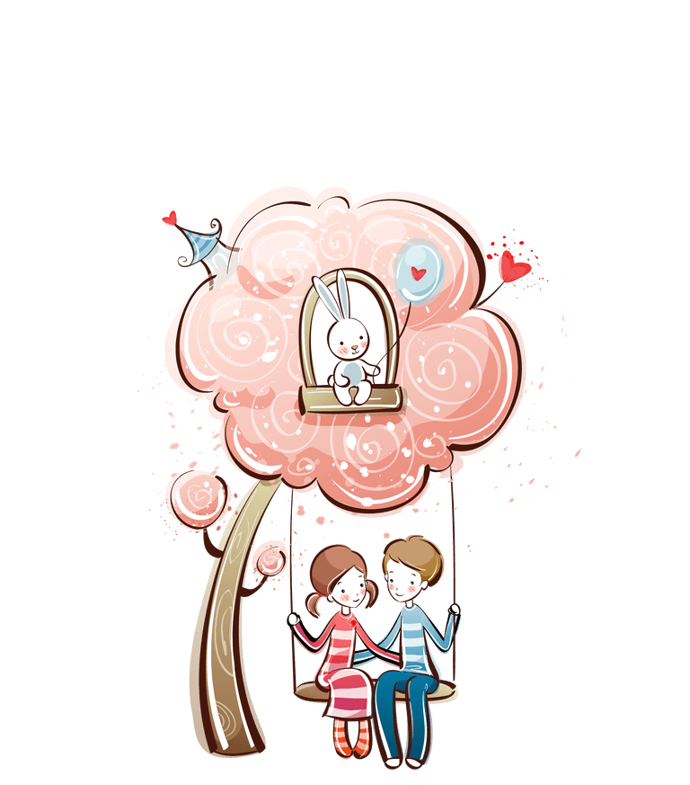 valentine cute little couple vector enjoying a swing under a whimsical pink tree