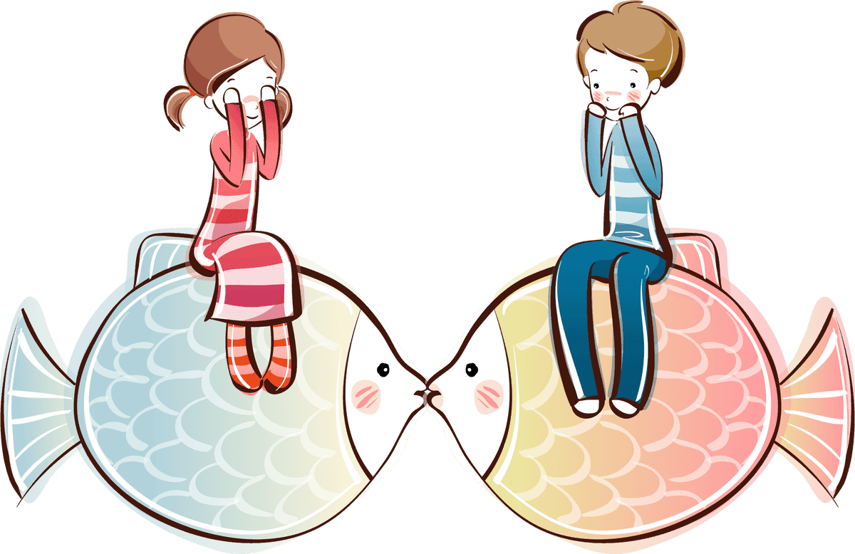 valentine cute little couple vector illustration sitting on colorful fish