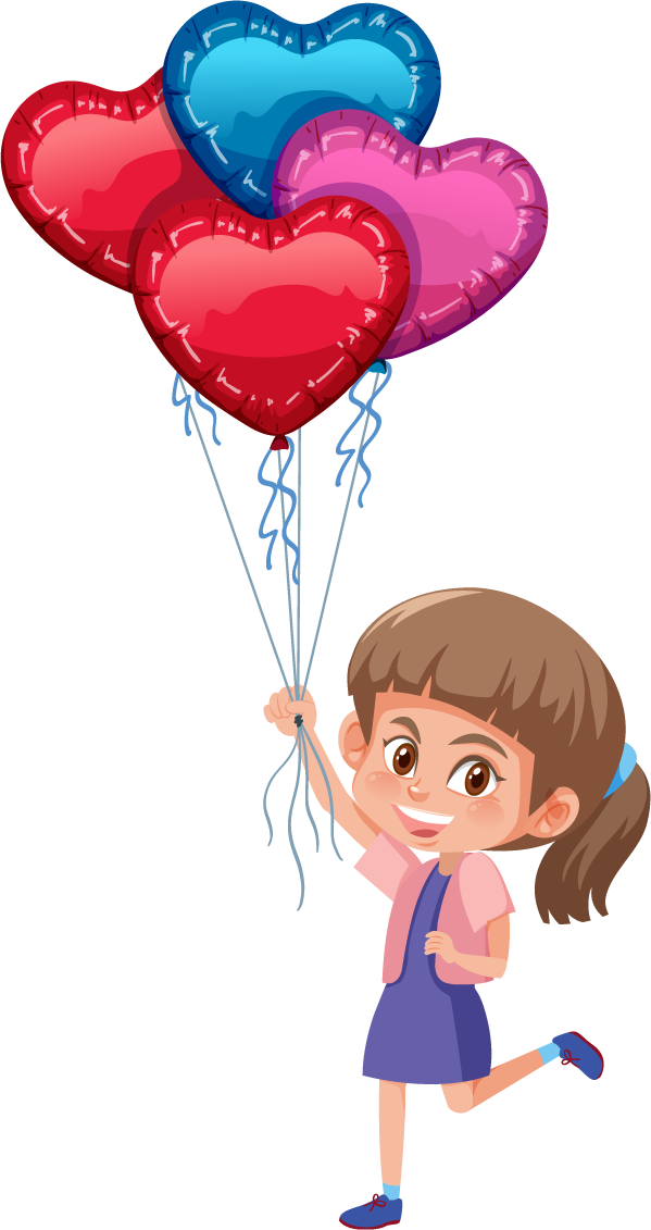 valentine theme with many hearts featuring a cheerful girl holding colorful balloons